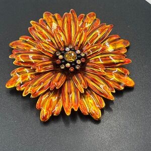 Joan Rivers Signed Designer Vintage Orange Enamel Large SunFlower Crystal Brooch